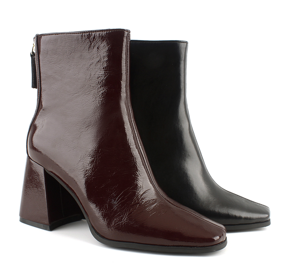 Patent Leather Square Toe Back Zip Block Heel Boots 3