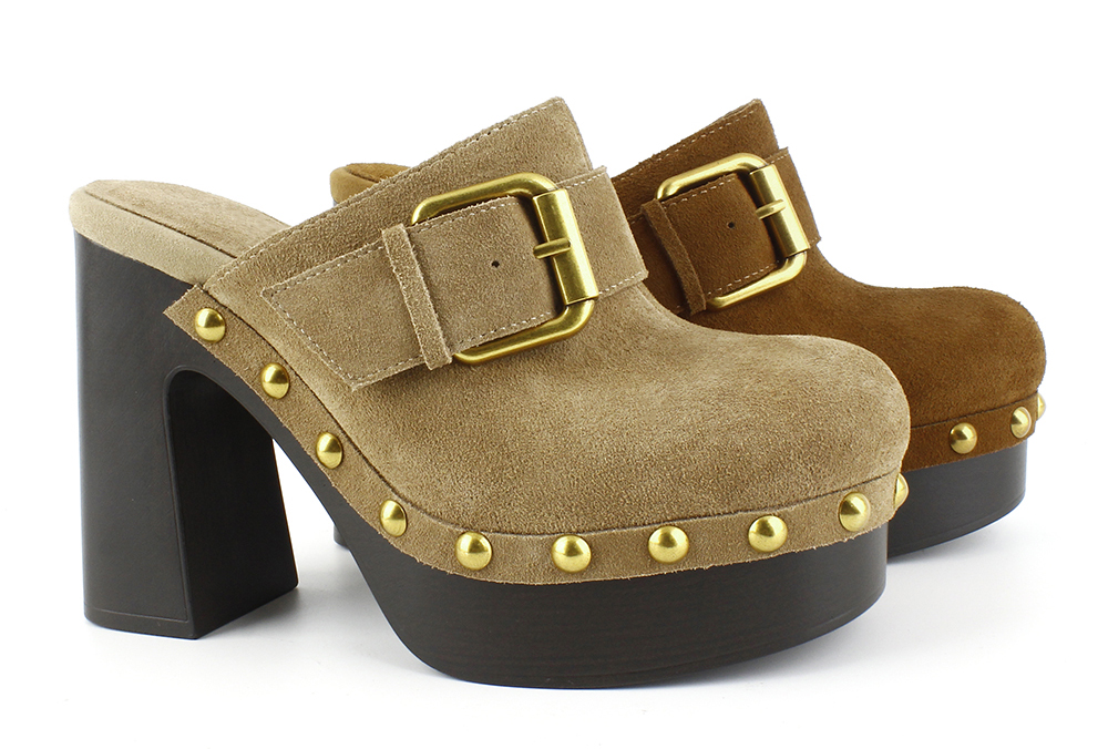 Suede Buckle Studded High Heel Clogs 3
