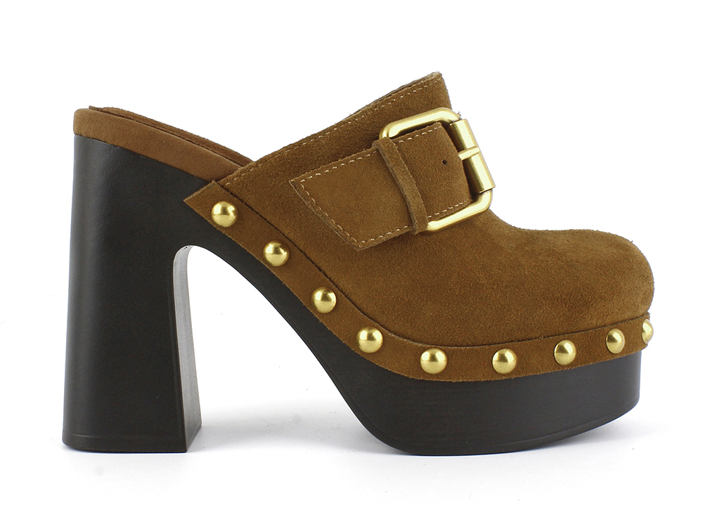 Suede Buckle Studded High Heel Clogs 2