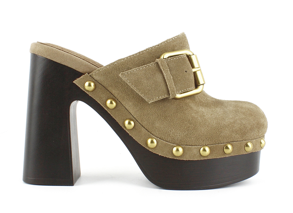 Suede Buckle Studded High Heel Clogs