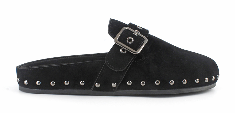Suede Eyelet Strap Studded Flat Clogs