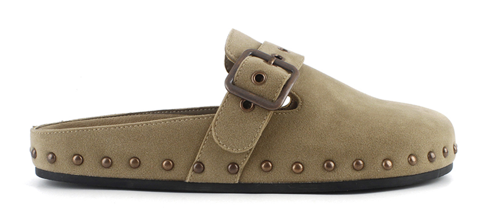 Suede Eyelet Strap Studded Flat Clogs 2