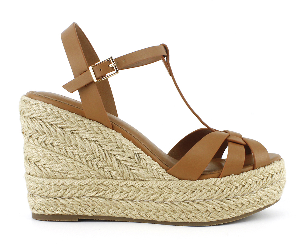 T-Strap Knotted Raffia Wedge Platforms