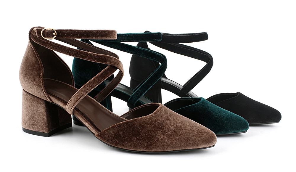 Velvet Crisscross Strap Block Heel Pump 4
