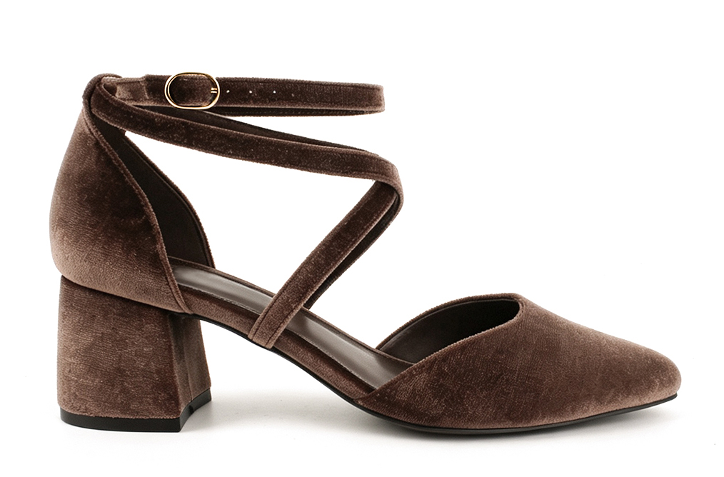 Velvet Crisscross Strap Block Heel Pump